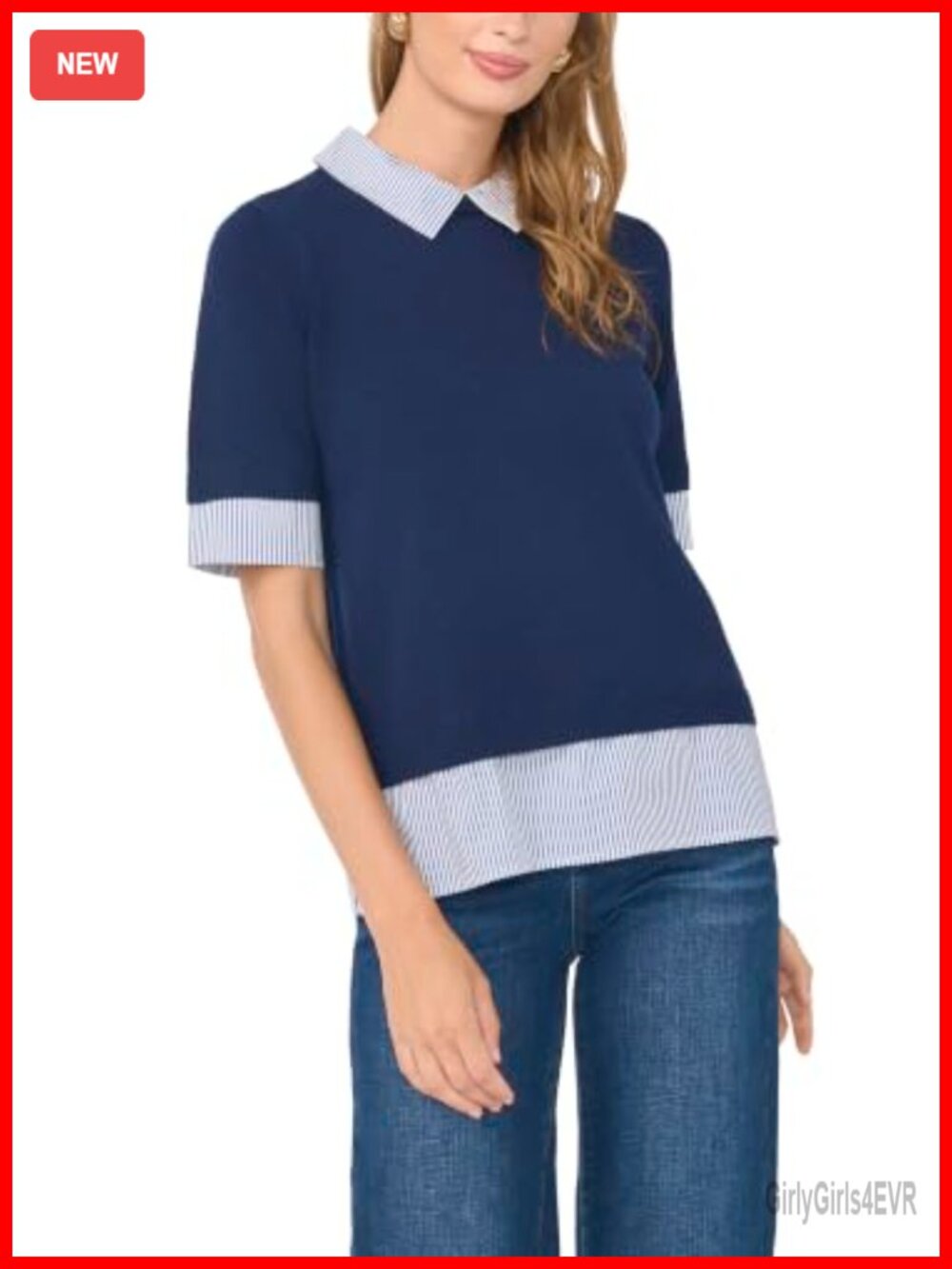 Twofer Sweater Crew Neck Short Sleeve Knit Pullover
